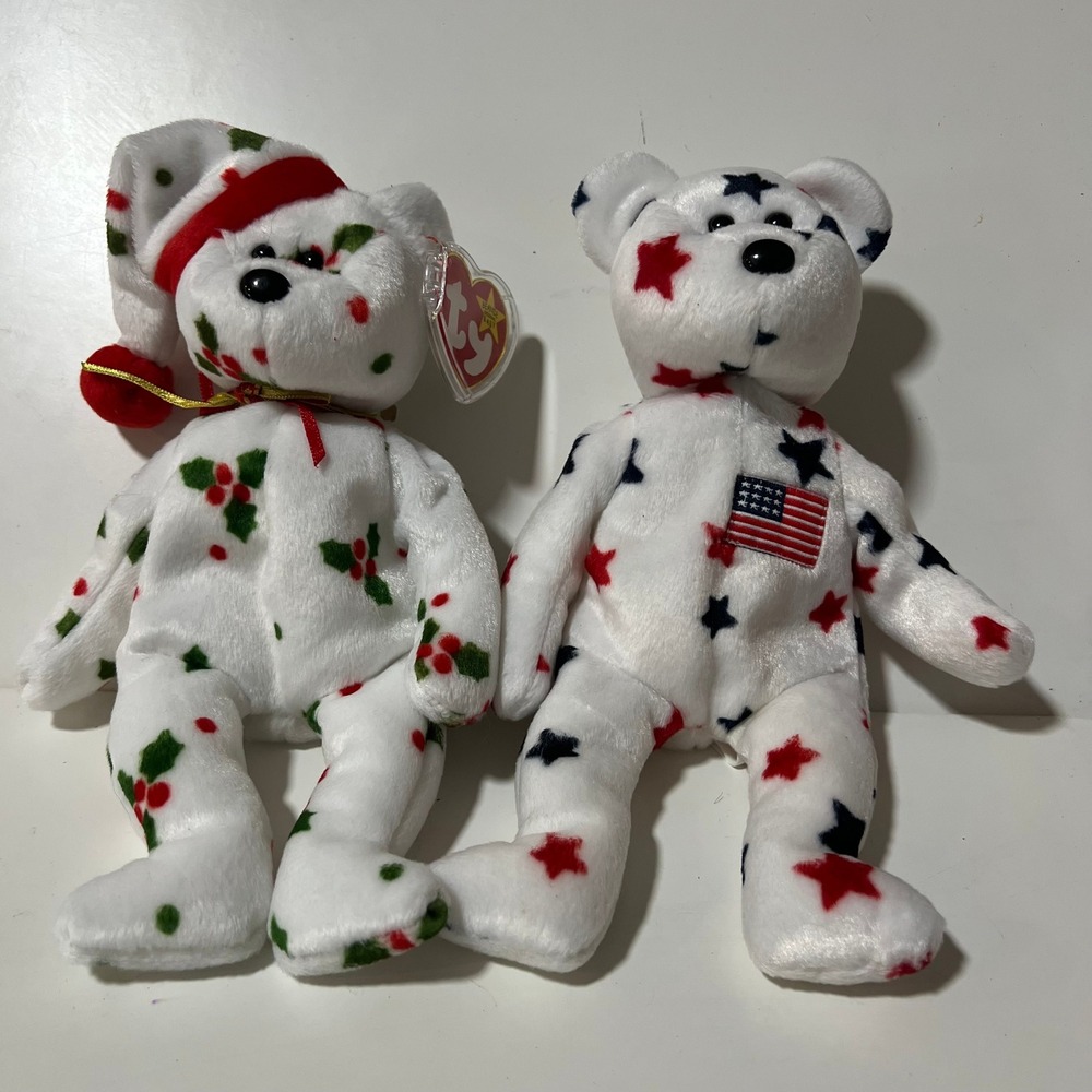 Ty Beanie Babies 1998 Holiday Teddy‎ and Glory Bear Set White Stars Holly Plush